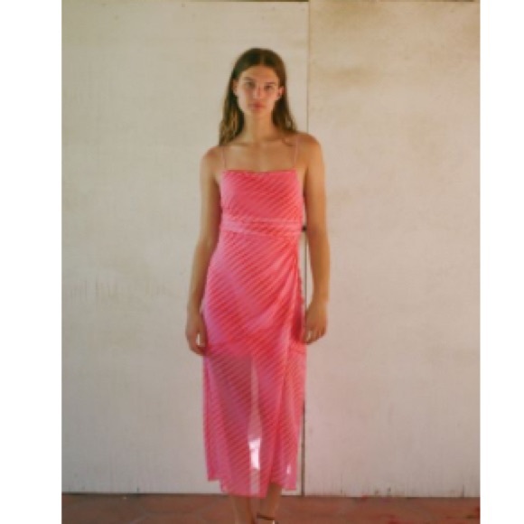 Urban outfitters  lined sheer midi strappy Barbie pink dress - Picture 7 of 9